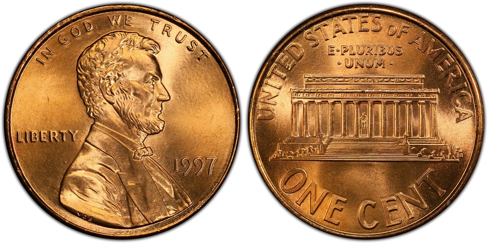 1997 Lincoln Memorial penny obverse and reverse showing Lincoln portrait and Memorial design