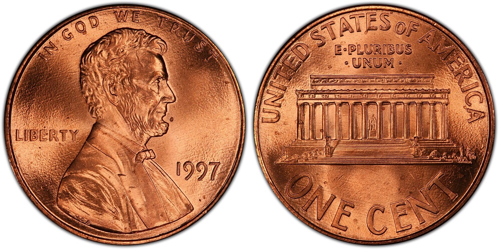 Side-by-side comparison of common 1997 penny earlobe vs FS-101 Doubled Ear error showing the distinctive secondary earlobe