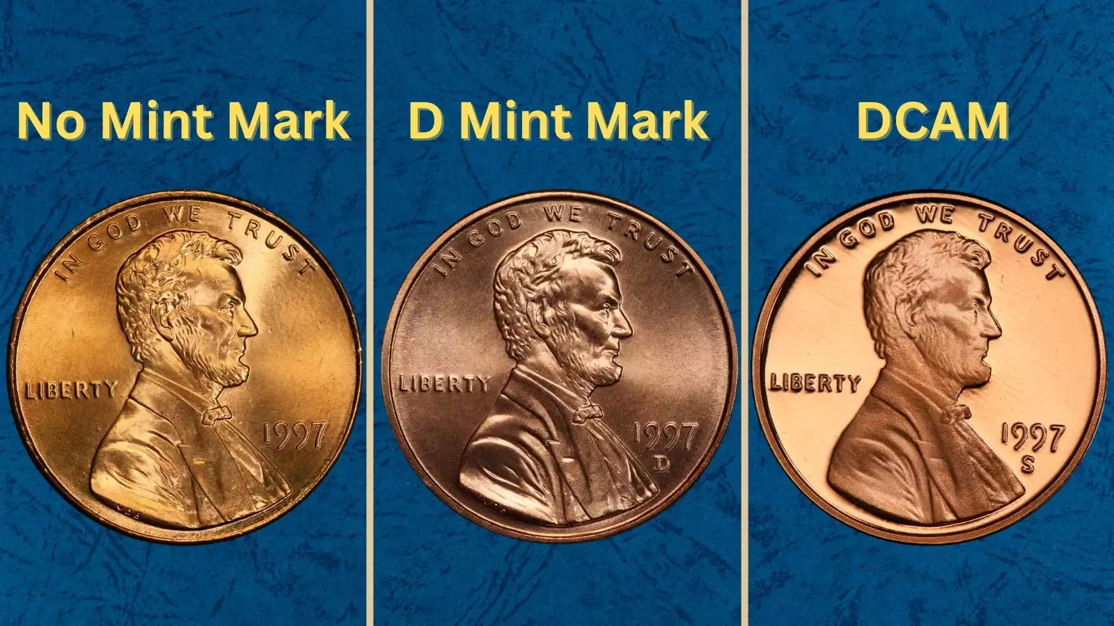 1997 Lincoln Memorial cents in original mint packaging showing the three mint varieties from Philadelphia, Denver, and San Francisco